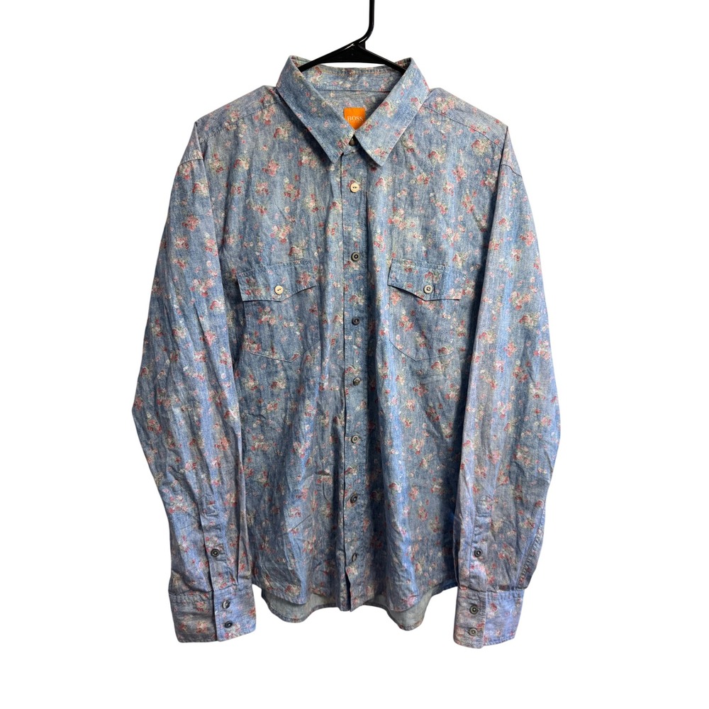 Hugo Boss Orange Mens XXL Blue Floral Denim Look Button Up Shirt Long Seeve